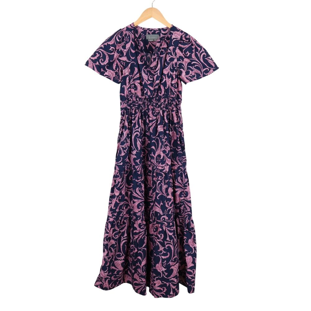 By Anthropologie Printed Floral Somerset Cotton Maxi Dress Navy Pink Size XS - Picture 2 of 7